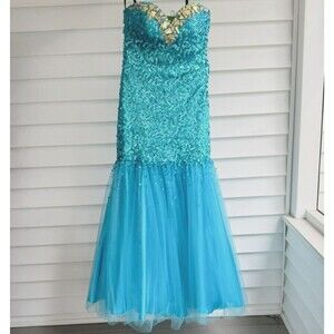 RJ Crush Sequin Tulle Long Aqua Blue Mermaid Prom Dress Sparkle Shine Elegant 4